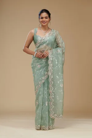 Pista Green Gotapatti Tissue Saree