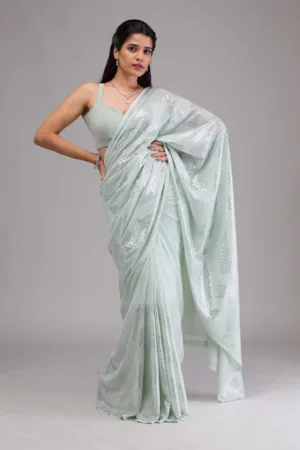 Pista Green Sequins Georgette Saree