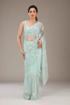 Pista Green Sequins Net Saree