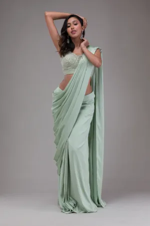 Pista Green Sequins Satin Readymade Saree