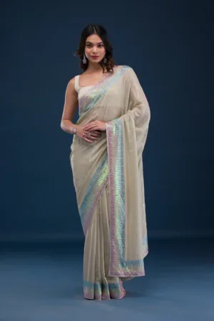 Pista Green Sequins Shimmer Georgette Saree
