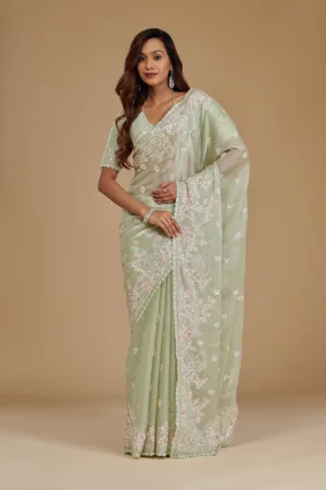 Pista Green Sequins Tissue Saree
