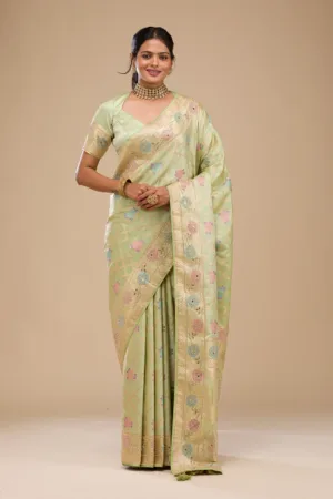 Pista Green Stonework Soft Silk Saree