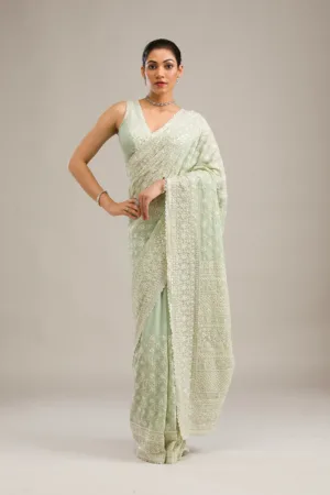 Pista Green Threadwork Georgette Saree