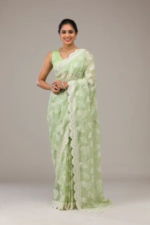 Pista Green Threadwork Organza Saree