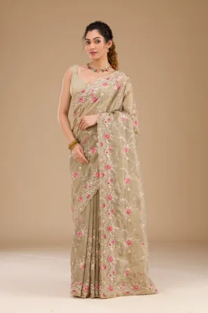 Pista Green Threadwork Tissue Saree