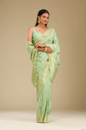 Pista Green Zariwork Banarasi Silk Saree
