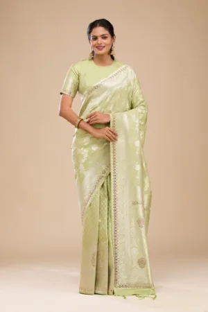 Pista Green Zariwork Soft Silk Saree