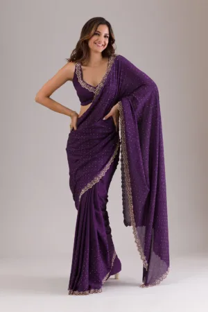 Purple Stonework Semi Crepe Saree