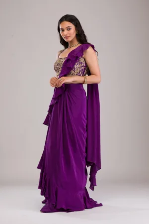 Purple Zardosi Semi Crepe Readymade Saree