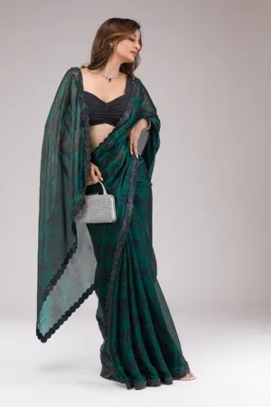 Rama Green Printed Organza Saree