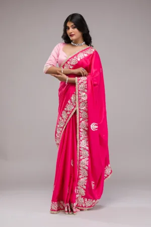 Rani Pink Zariwork Semi Crepe Saree