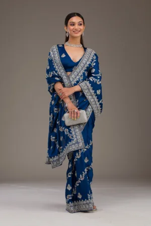 Royal Blue Threadwork Satin Saree