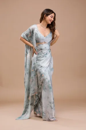 Sea Green Printed Satin Saree