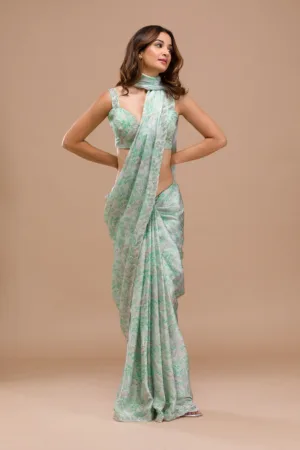 Sea Green Printed Satin Saree
