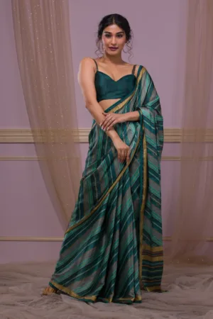 Sea Green Printed Semi Crepe Designer Saree