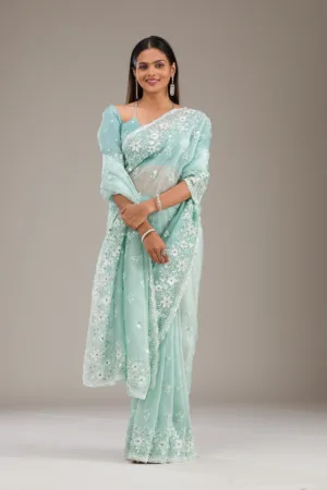 Sea Green Sequins Tissue Saree
