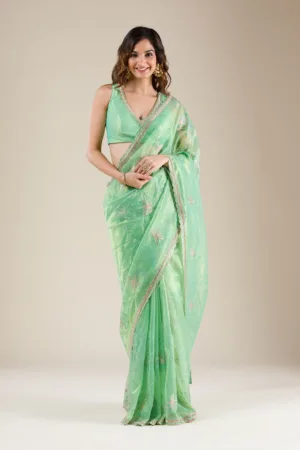 Sea Green Stonework Tissue Saree