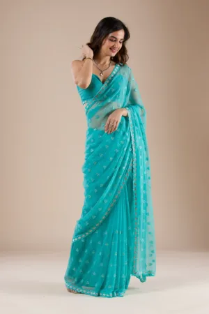 Sea Green Threadwork Chiffon Saree
