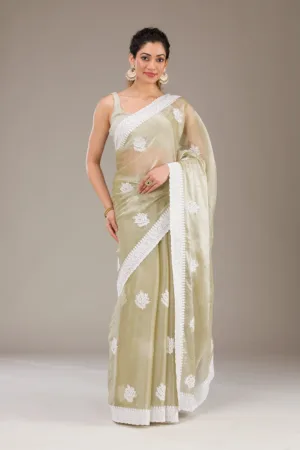 Sea Green Threadwork Organza Saree