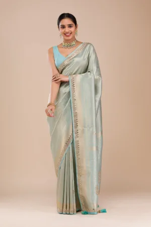 Sky Blue Mirrorwork Silk Saree
