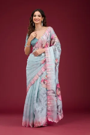 Sky Blue Printed Tissue Saree