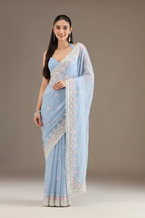 Sky Blue Sequins Chiffon Saree