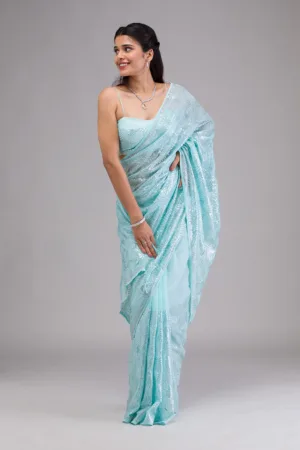 Sky Blue Sequins Georgette Saree