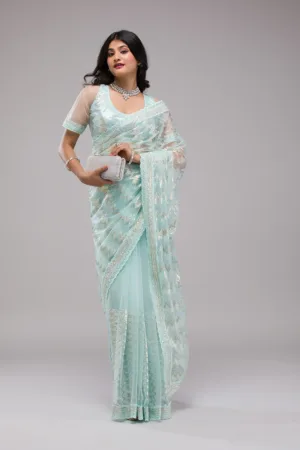 Sky Blue Sequins Net Saree
