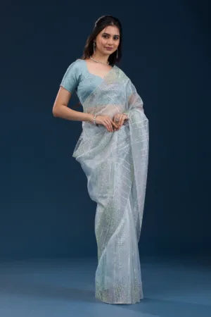 Sky Blue Stonework Tissue Saree
