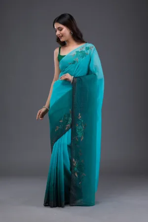 Sky Blue Swarovski Satin Saree