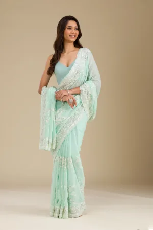 Sky Blue Threadwork Chiffon Saree