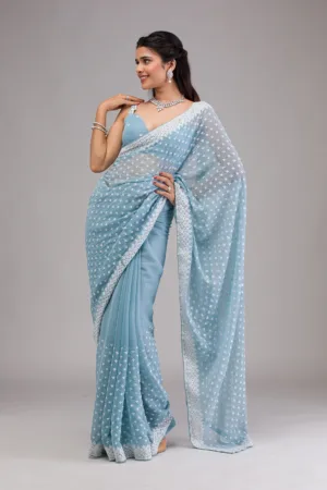 Sky Blue Threadwork Georgette Saree