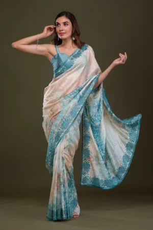 Turquoise Blue Printed Semi Crepe Saree