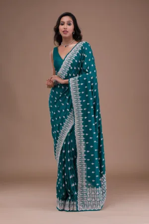 Turquoise Blue Silver Zariwork Raw Silk Saree