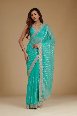 Turquoise Blue Stonework Chiffon Saree
