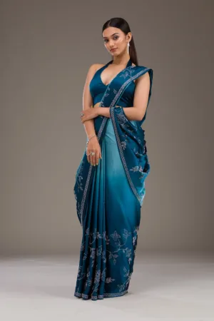 Turquoise Blue Stonework Satin Saree