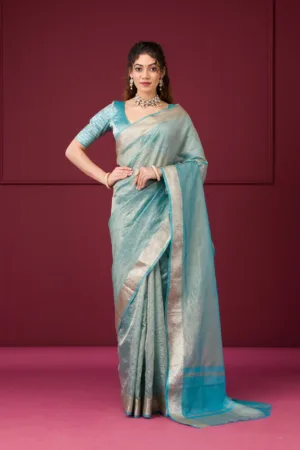 Turquoise Blue Zariwork Tissue Saree