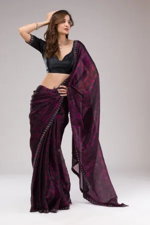 Wine Printed Organza Saree