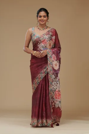 Wine Printed Tissue Saree