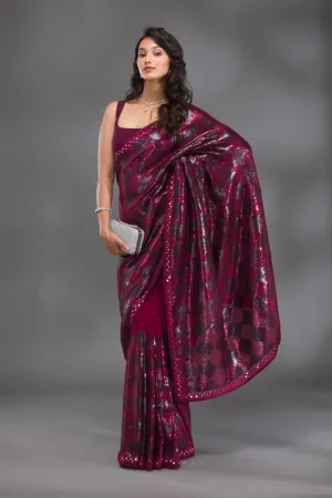 Wine Sequins Georgette Saree