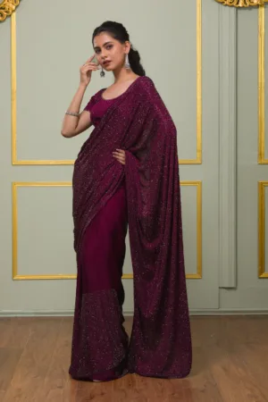 Wine Swarovski Semi Crepe Designer Saree
