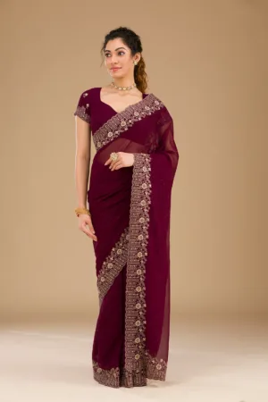 Wine Zariwork Georgette Saree