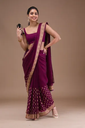 Wine Zariwork Semi Crepe Saree