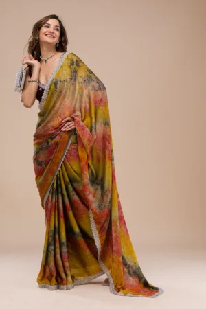 Yellow Printed Semi Crepe Saree