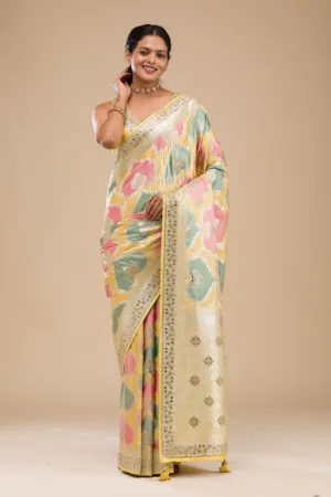 Yellow Stonework Banarasi Silk Saree