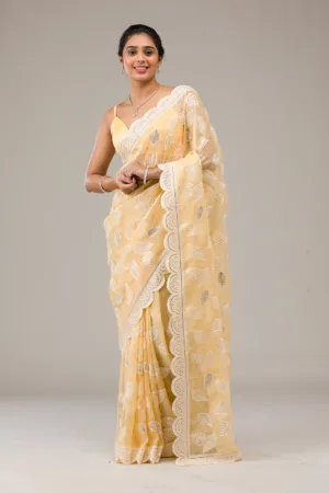 Yellow Threadwork Organza Saree