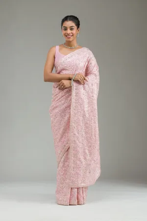 Baby Pink Threadwork Tissue Saree