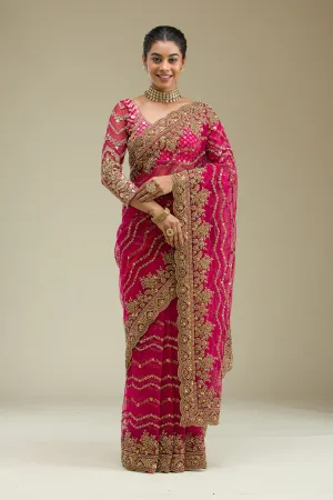Rani Pink Stonework Net Saree