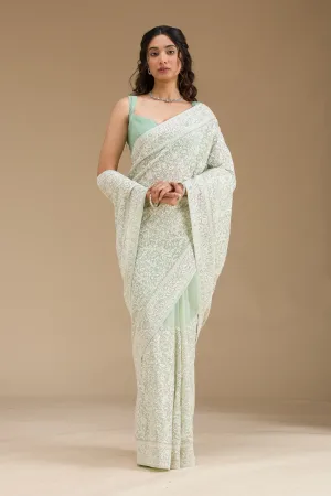 Pista Green Threadwork Georgette Saree